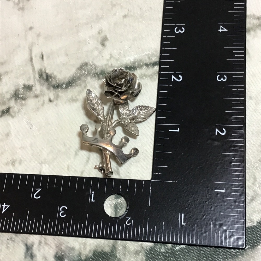 Rose Brooch Pin Single Long Stem Rose Crown Silver Toned - Picture 3 of 3